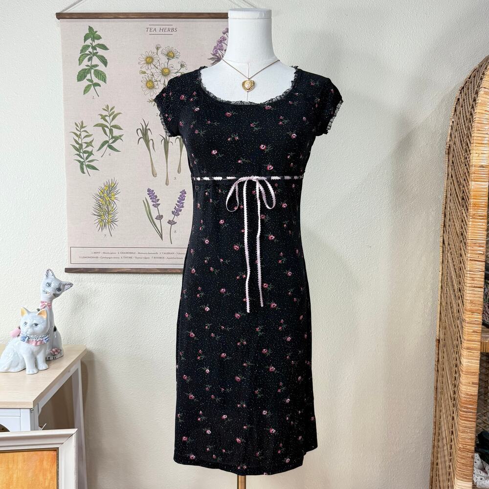 90s Y2k Floral Glitter Slinky Stretch Babydoll Dress Romantic Coquette Dolly S
